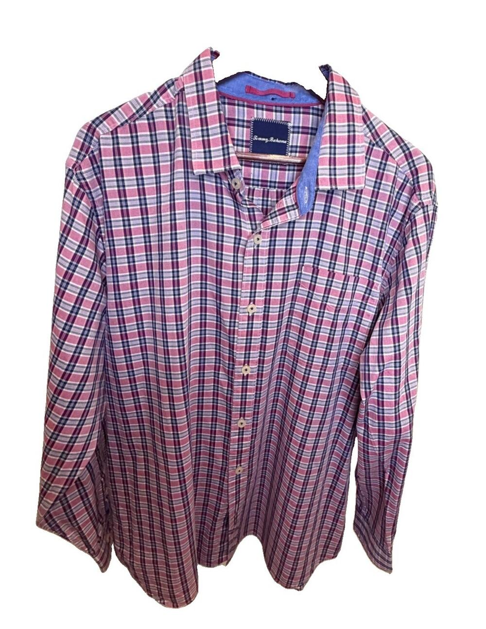 Tommy Bahama Men’s XL Pink Navy Plaid Long Sleeve Button Down Shirt 100% Cotton